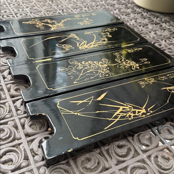 Vintage Japanese Black lacquer w mother of pearl Folding Screen Geishas 18”x14” - Picture 8 of 11